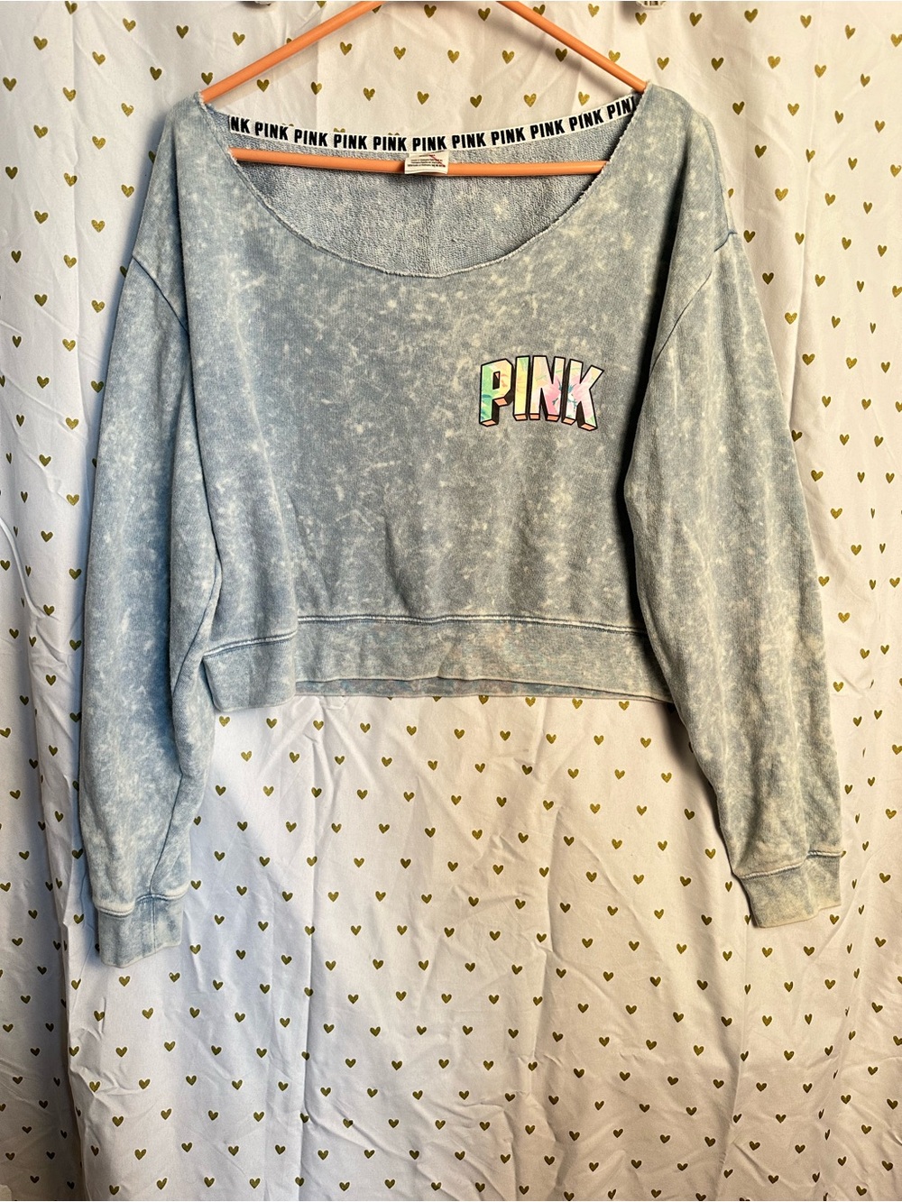 PINK Victoria's Secret woman’s Light Blue Mineral-Wash Cropped Sweatshirt